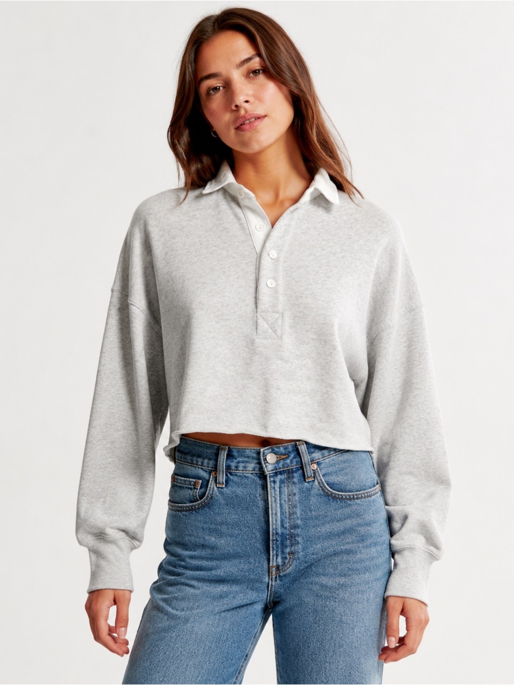 Abercrombie & Fitch Cropped Rugby Polo Sweatshirt Gray XS